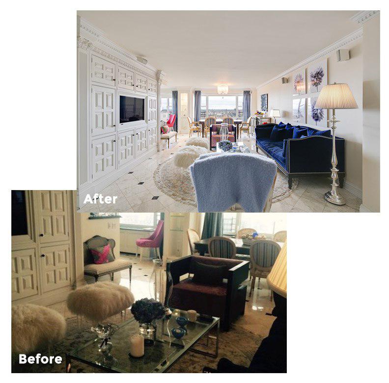 Illustrates the differences between amateur photography and professional photography. Shows a living room before and after professional photography.