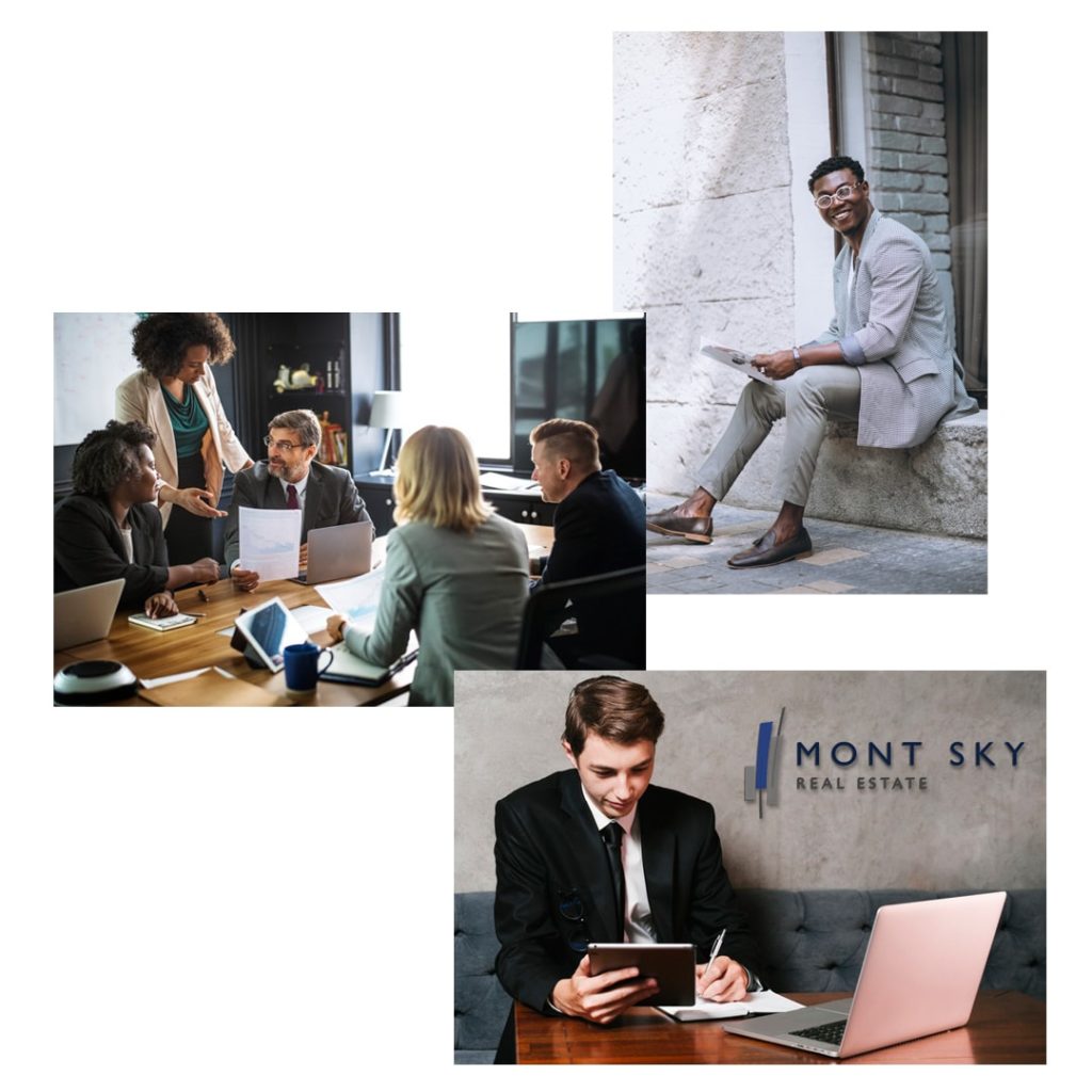 Mont Sky Real Estate agents at work. Bottom photo shows an office with a Mont Sky logo on the wall.