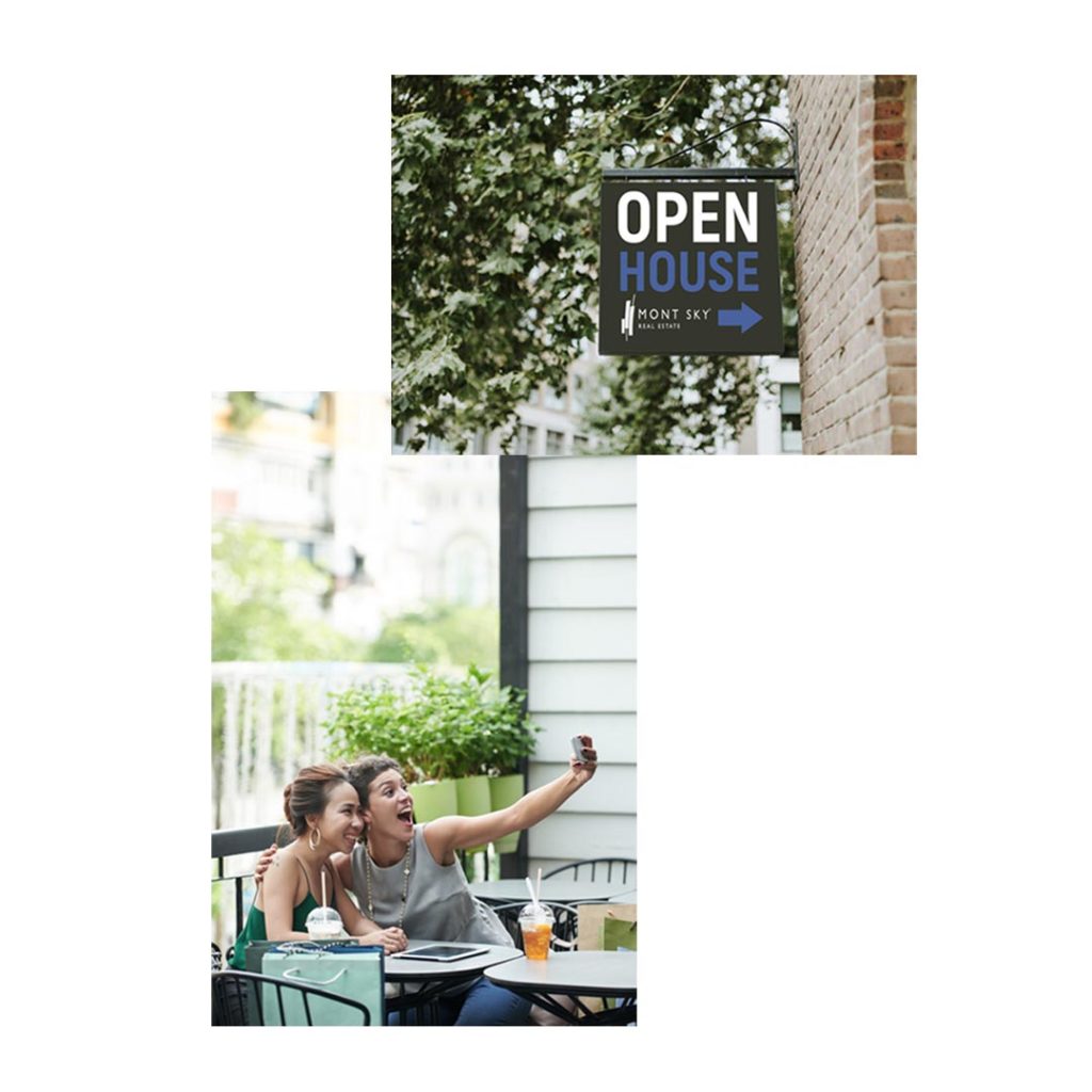 Photos of a Mont Sky open house sign along with a couple of happy customers taking a selfie.